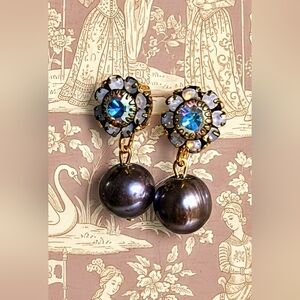 Purple Silver Flower Crystal And Freshwater Pearl Earrings